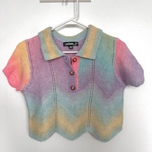 Missguided pastel pink rainbow ombré polo scallop hem knit crop top size 2/4